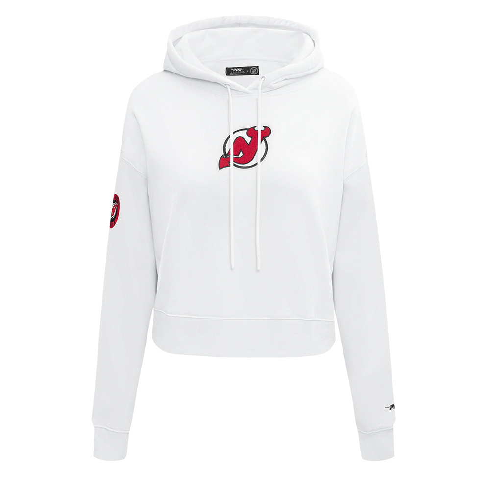 NHL NEW JERSEY DEVILS CLASSIC WOMEN'S FLEECE CROPPED PULLOVER HOODIE (WHITE)