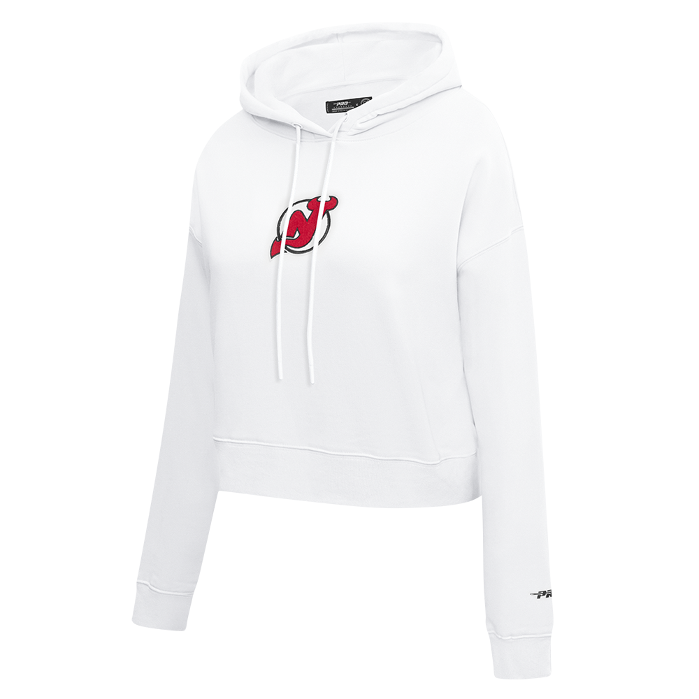NHL NEW JERSEY DEVILS CLASSIC WOMEN'S FLEECE CROPPED PULLOVER HOODIE (WHITE)