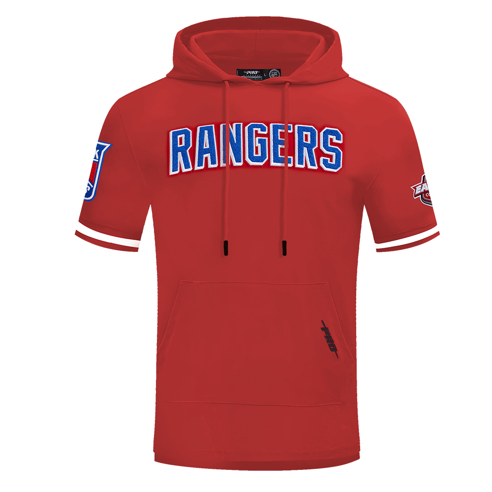 NHL NEW YORK RANGERS CLASSIC CHENILLE CHANDAIL À CAPUCHON EN MAILLE DOUBLE À MANCHES COURTES POUR HOMME (ROUGE)