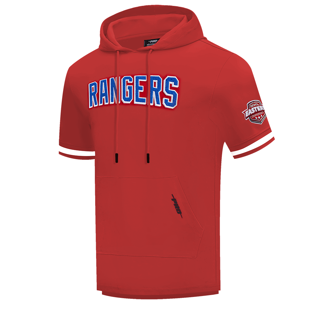 NHL NEW YORK RANGERS CLASSIC CHENILLE CHANDAIL À CAPUCHON EN MAILLE DOUBLE À MANCHES COURTES POUR HOMME (ROUGE)