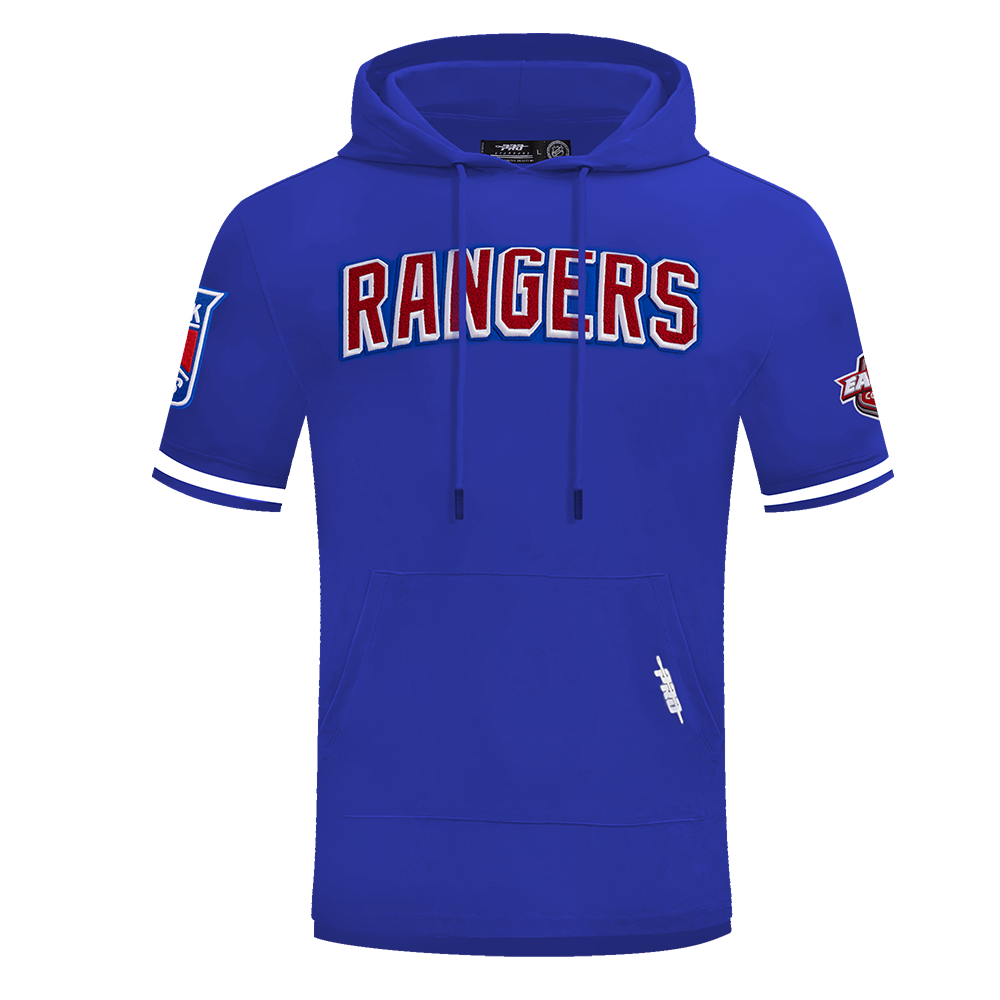 NHL NEW YORK RANGERS CLASSIC CHENILLE CHANDAIL À CAPUCHON EN MAILLE DOUBLE À MANCHES COURTES POUR HOMME (BLEU ROYAL)