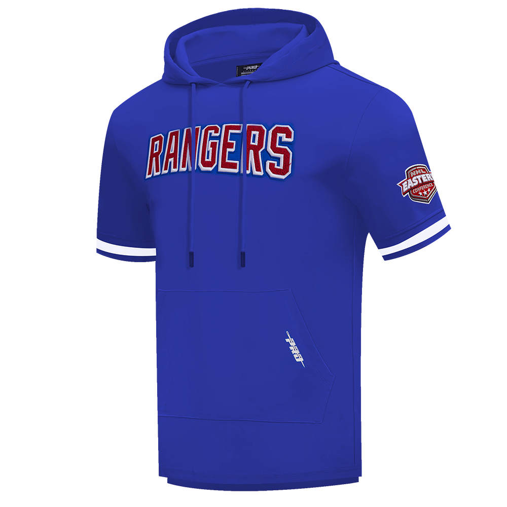 NHL NEW YORK RANGERS CLASSIC CHENILLE CHANDAIL À CAPUCHON EN MAILLE DOUBLE À MANCHES COURTES POUR HOMME (BLEU ROYAL)
