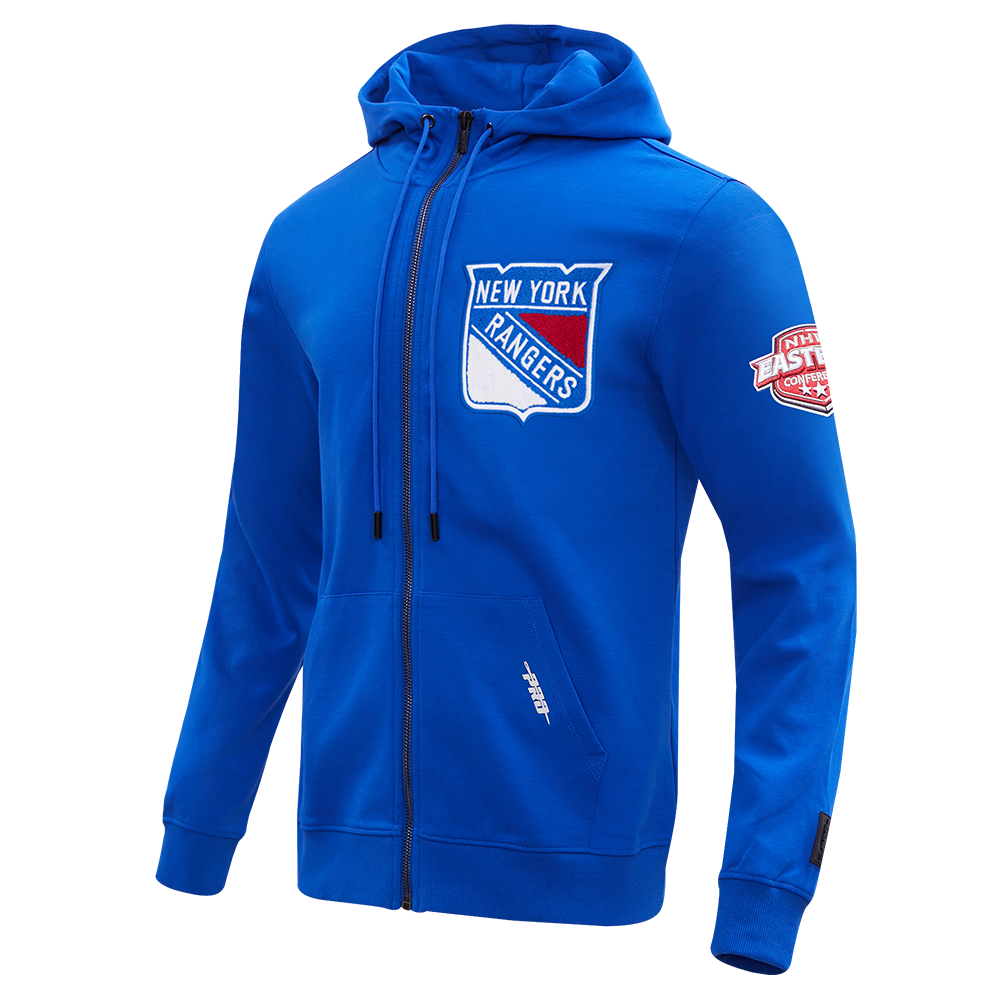 NHL NEW YORK RANGERS CLASSIC CHENILLE MEN'S FULL ZIP PULLOVER HOODIE (ROYAL BLUE)