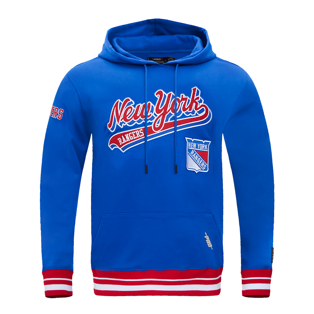 NHL NEW YORK RANGERS SCRIPT TAIL CHANDAIL À CAPUCHON EN MOLLETON CÔTELÉ POUR HOMME (BLEU ROYAL/ROUGE)