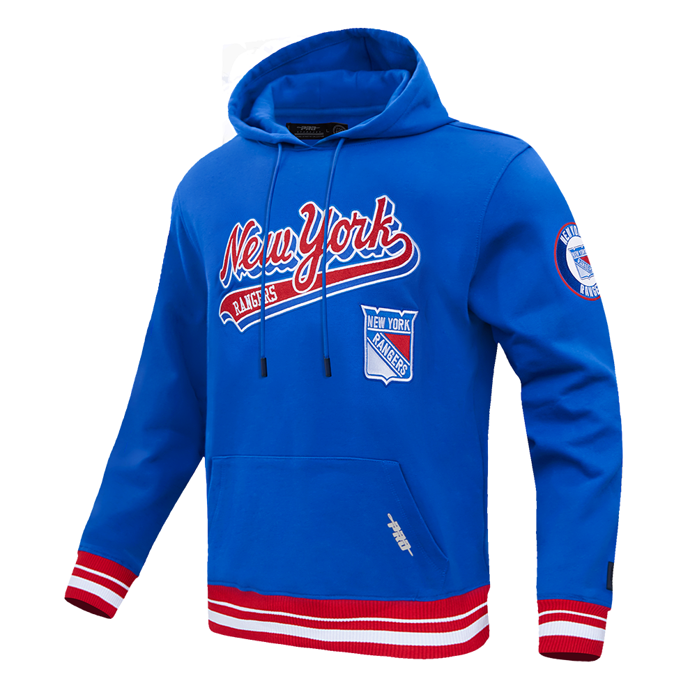 NHL NEW YORK RANGERS SCRIPT TAIL CHANDAIL À CAPUCHON EN MOLLETON CÔTELÉ POUR HOMME (BLEU ROYAL/ROUGE)