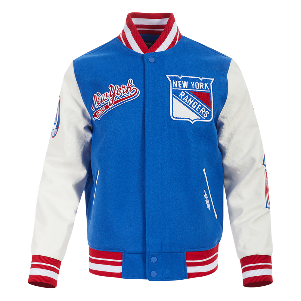 NHL NEW YORK RANGERS SCRIPT TAIL MEN'S VARSITY JACKET (ROYAL BLUE/RED)