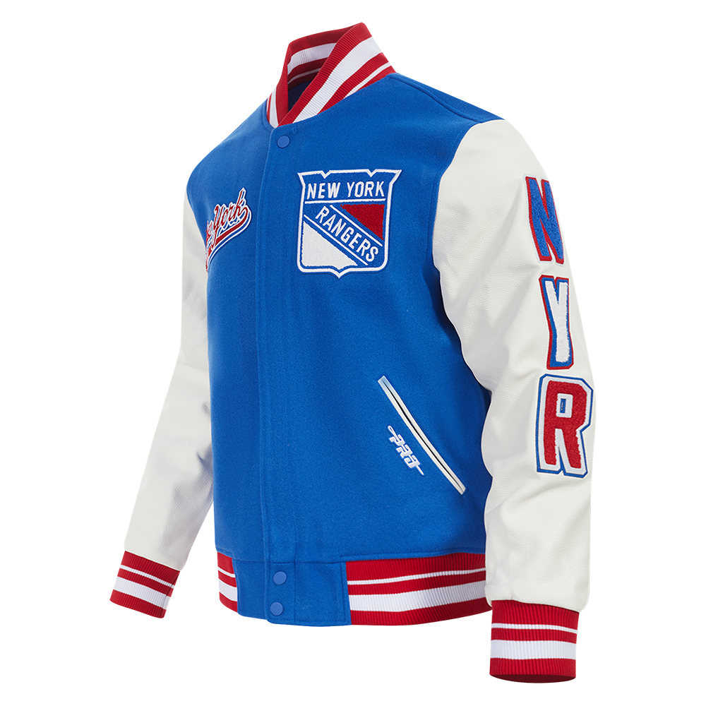NHL NEW YORK RANGERS SCRIPT TAIL BLOUSON COLLÉGIAL POUR HOMME (BLEU ROYAL/ROUGE)