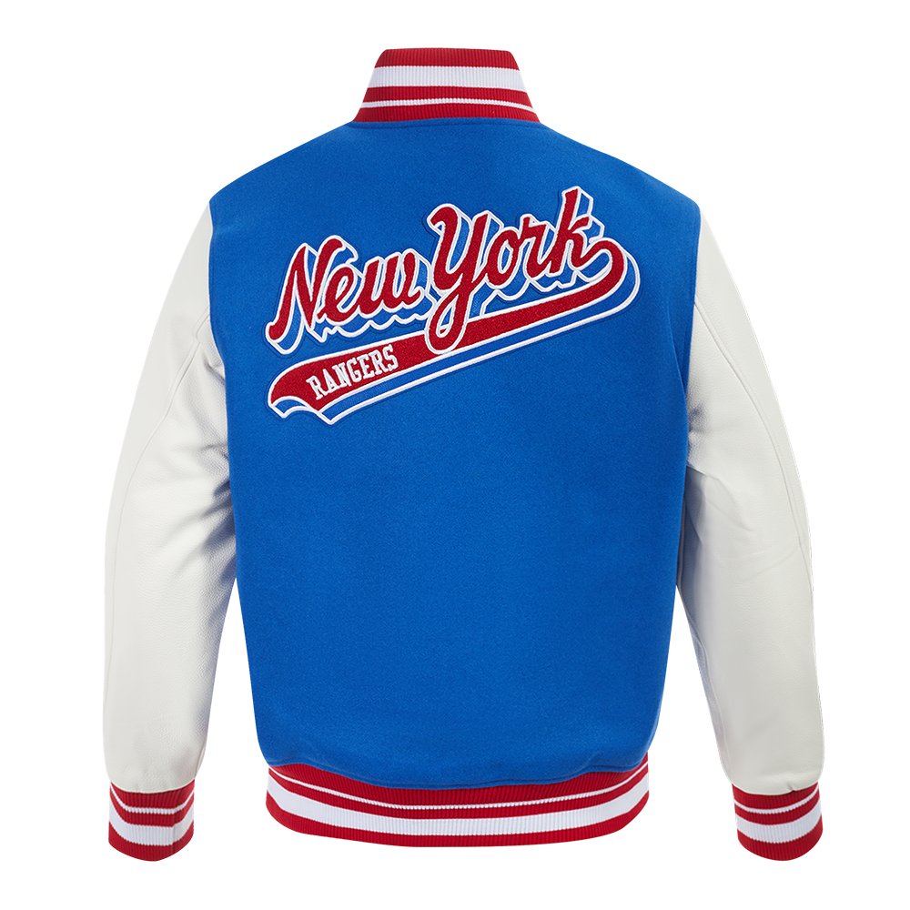 NHL NEW YORK RANGERS SCRIPT TAIL MEN'S VARSITY JACKET (ROYAL BLUE/RED)