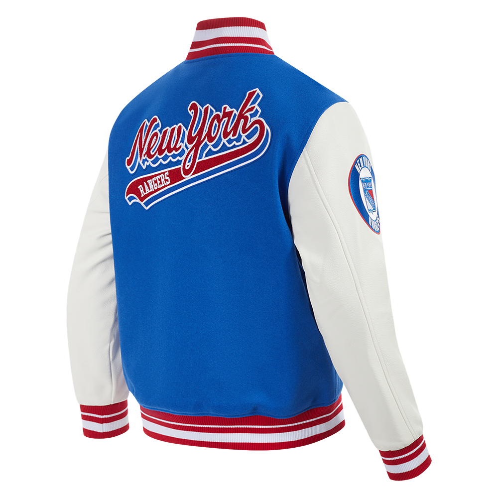 NHL NEW YORK RANGERS SCRIPT TAIL MEN'S VARSITY JACKET (ROYAL BLUE/RED)