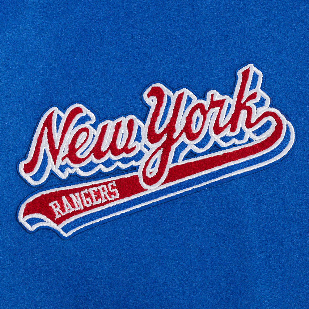 NHL NEW YORK RANGERS SCRIPT TAIL MEN'S VARSITY JACKET (ROYAL BLUE/RED)