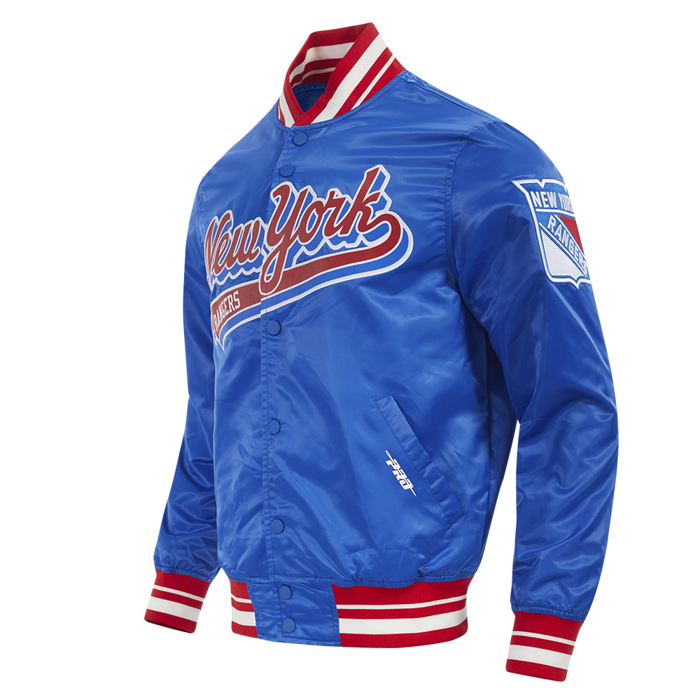 NHL NEW YORK RANGERS SCRIPT TAIL MEN'S SATIN JACKET (ROYAL BLUE/RED)
