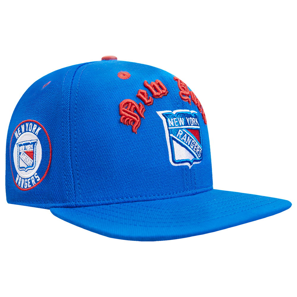 NHL NEW YORK RANGERS OLD ENGLISH UNISEX 6 PANEL SNAPBACK HAT (ROYAL BLUE)
