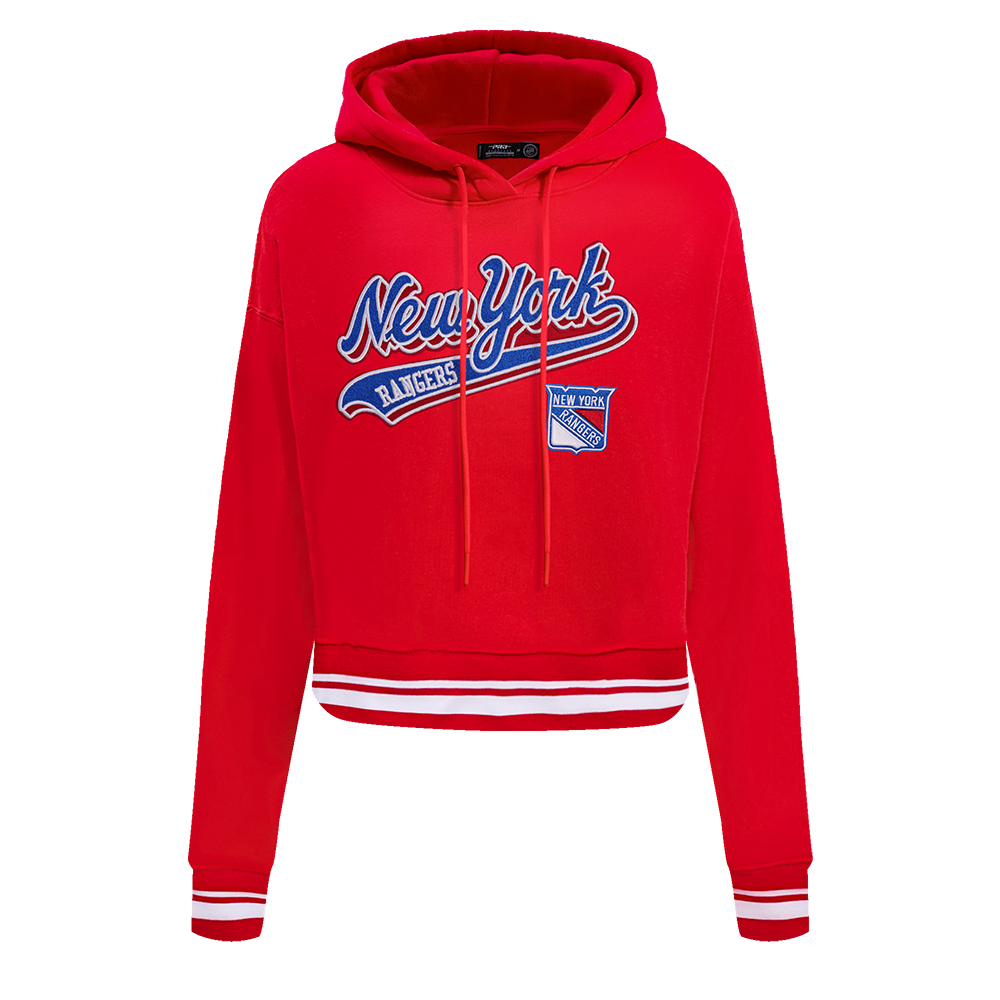 NHL NEW YORK RANGERS SCRIPT TAIL WOMEN'S RIB FLEECE CROPPED PULLOVER HOODIE (RED)