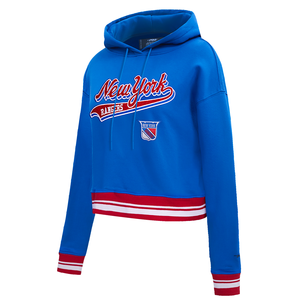 NHL NEW YORK RANGERS SCRIPT TAIL WOMEN'S RIB FLEECE CROPPED PULLOVER HOODIE (ROYAL BLUE/RED)