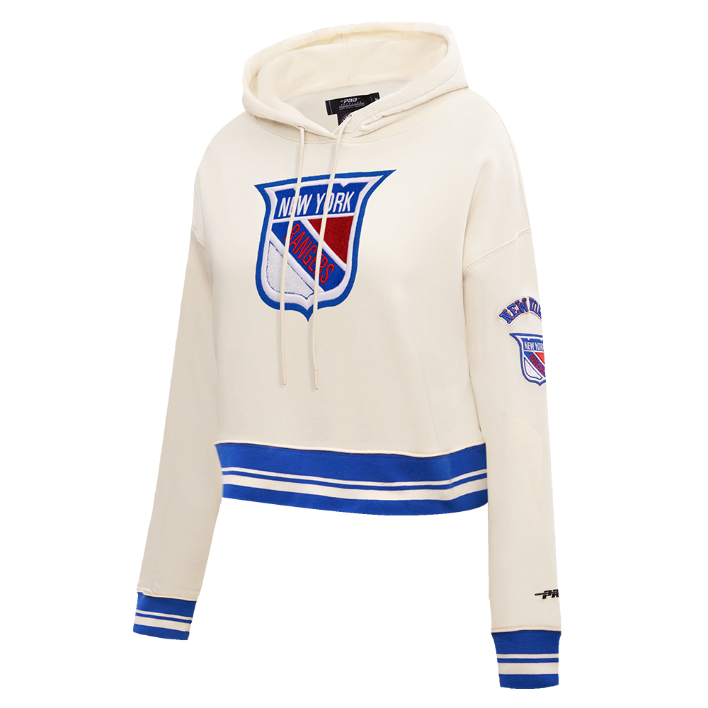NHL NEW YORK RANGERS RETRO CLASSIC WOMEN'S RIB CROPPED PULLOVER HOODIE (EGGSHELL/ROYAL BLUE)