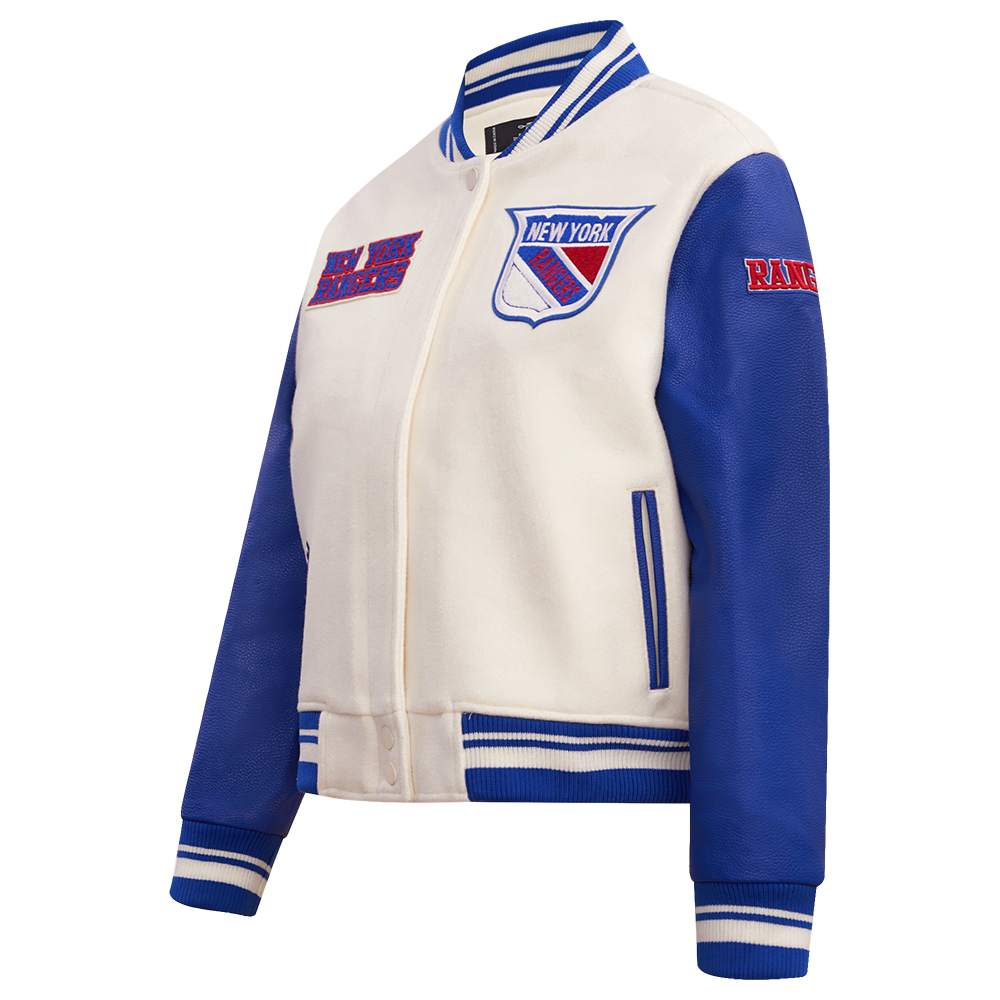 NHL NEW YORK RANGERS RETRO CLASSIC BLOUSON COLLÉGIAL EN LAINE À BORDS CÔTELÉS POUR FEMME (COQUILLE D'ŒUF/BLEU ROYAL)