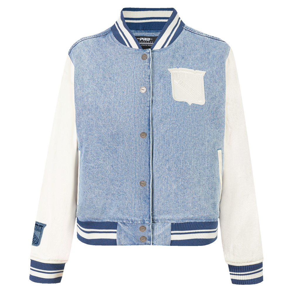 NHL NEW YORK RANGERS VARSITY BLUES WOMEN'S DENIM VARSITY JACKET (DENIM/LINEN)