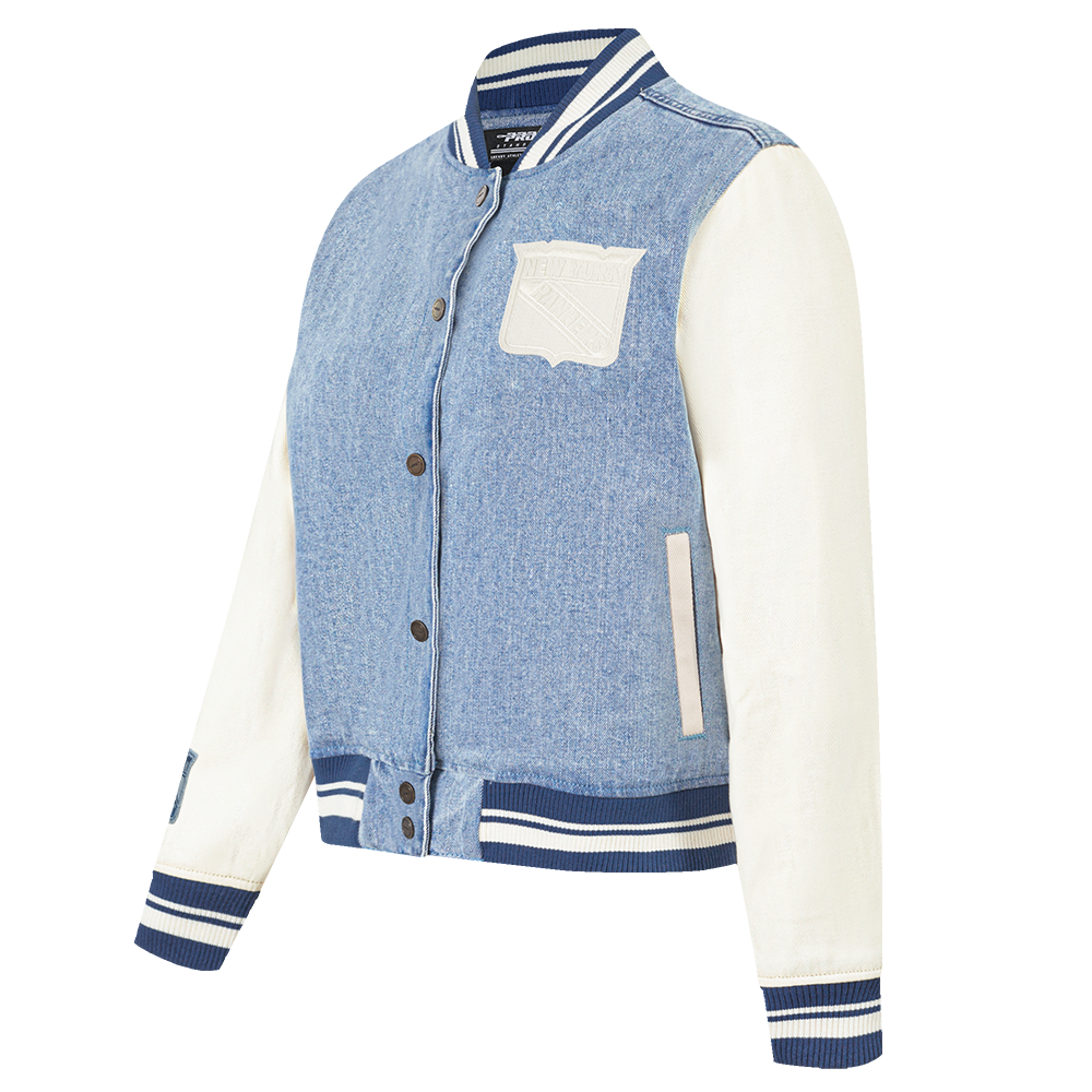 NHL NEW YORK RANGERS VARSITY BLUES WOMEN'S DENIM VARSITY JACKET (DENIM/LINEN)