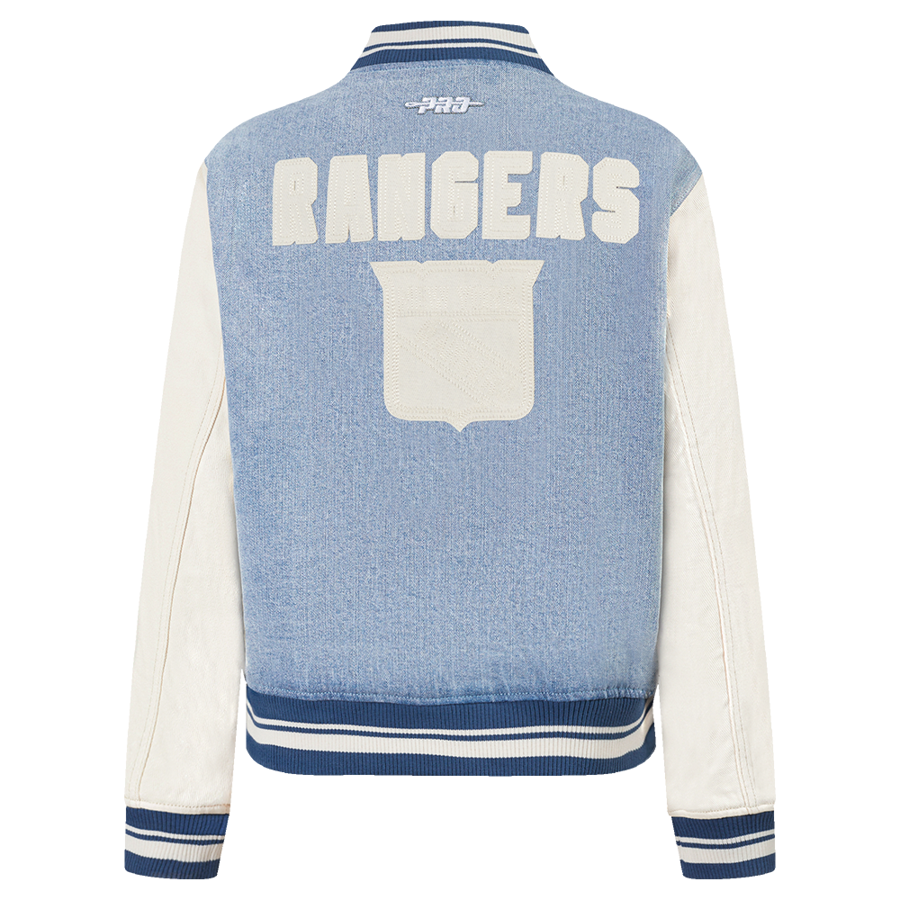 NHL NEW YORK RANGERS VARSITY BLUES WOMEN'S DENIM VARSITY JACKET (DENIM/LINEN)