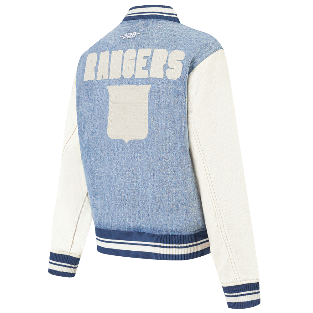 NHL NEW YORK RANGERS VARSITY BLUES WOMEN'S DENIM VARSITY JACKET (DENIM/LINEN)