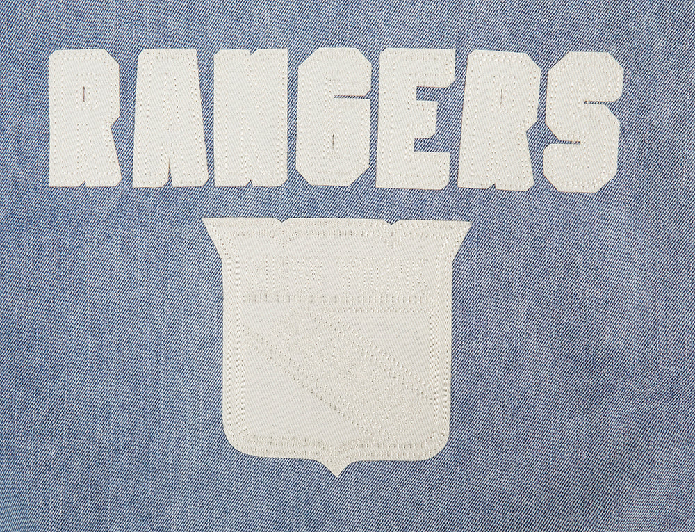 NHL NEW YORK RANGERS VARSITY BLUES WOMEN'S DENIM VARSITY JACKET (DENIM/LINEN)