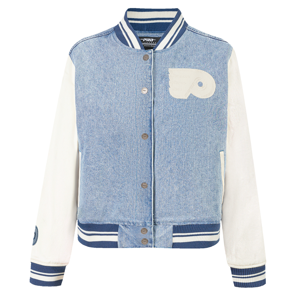 NHL PHILADELPHIA FLYERS VARSITY BLUES WOMEN'S DENIM VARSITY JACKET (DENIM/LINEN)