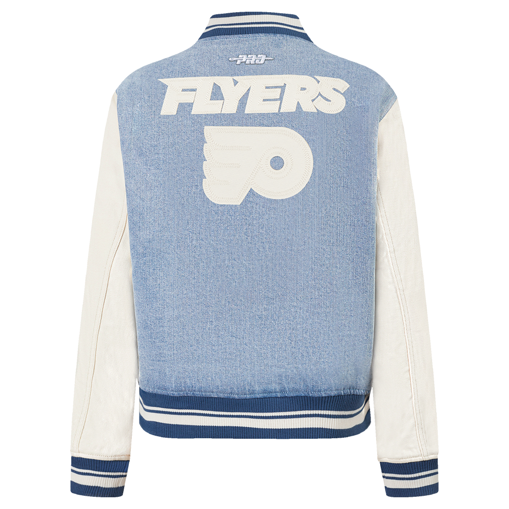 NHL PHILADELPHIA FLYERS VARSITY BLUES WOMEN'S DENIM VARSITY JACKET (DENIM/LINEN)