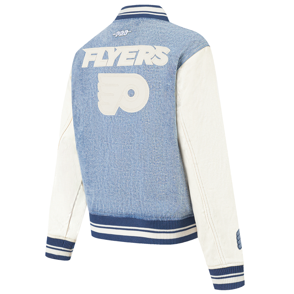 NHL PHILADELPHIA FLYERS VARSITY BLUES WOMEN'S DENIM VARSITY JACKET (DENIM/LINEN)