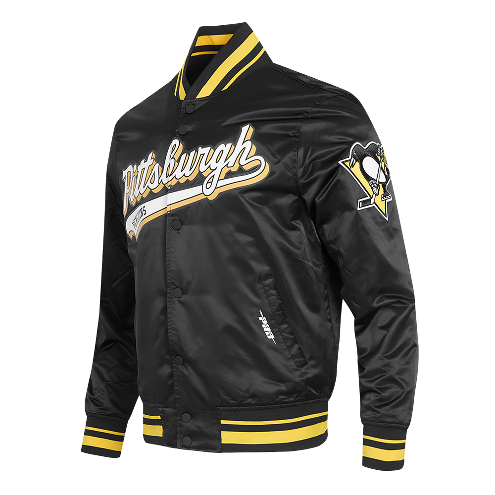NHL PITTSBURGH PENGUINS SCRIPT TAIL MEN'S SATIN JACKET (BLACK/YELLOW)