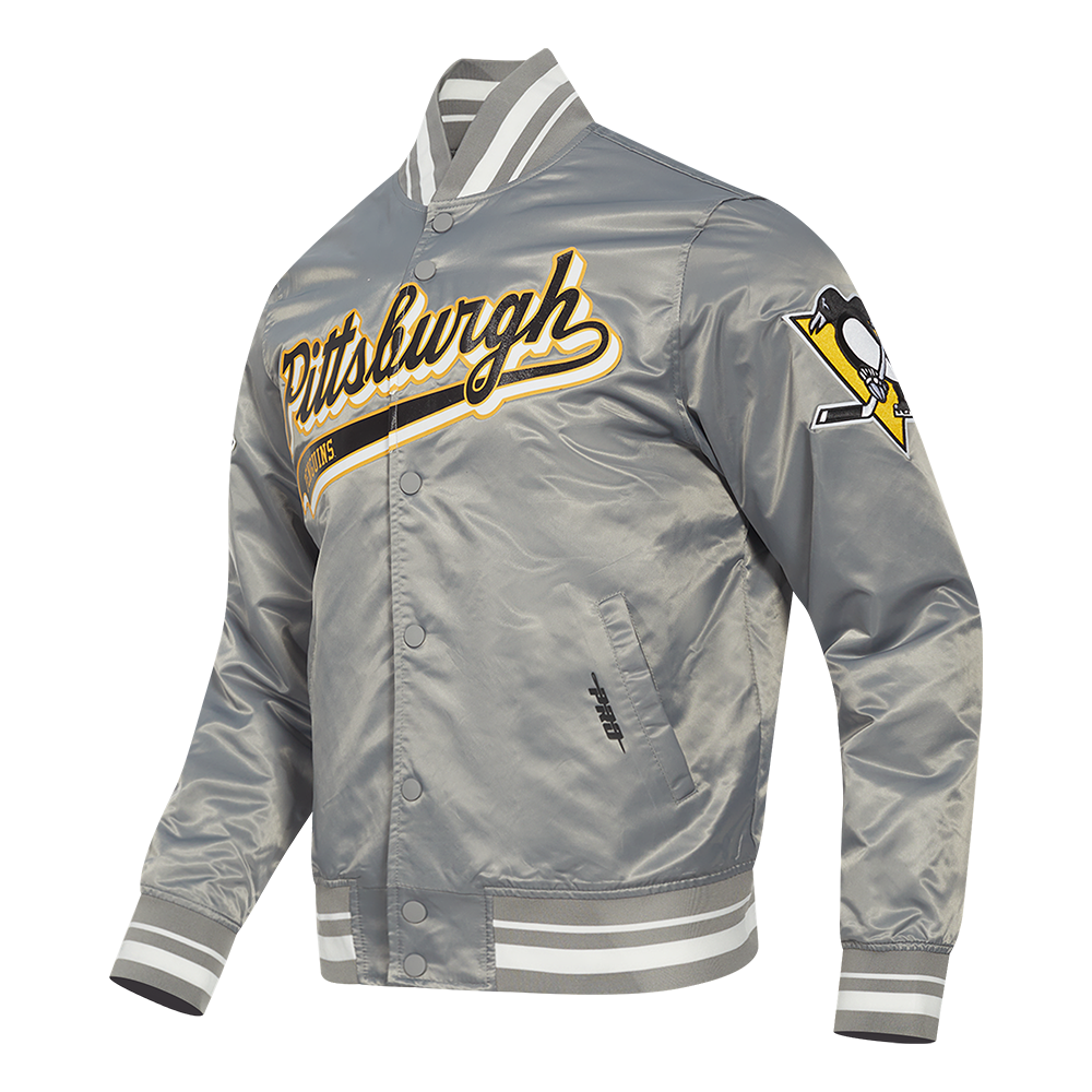 NHL PITTSBURGH PENGUINS SCRIPT TAIL MEN'S SATIN JACKET (GRAY)