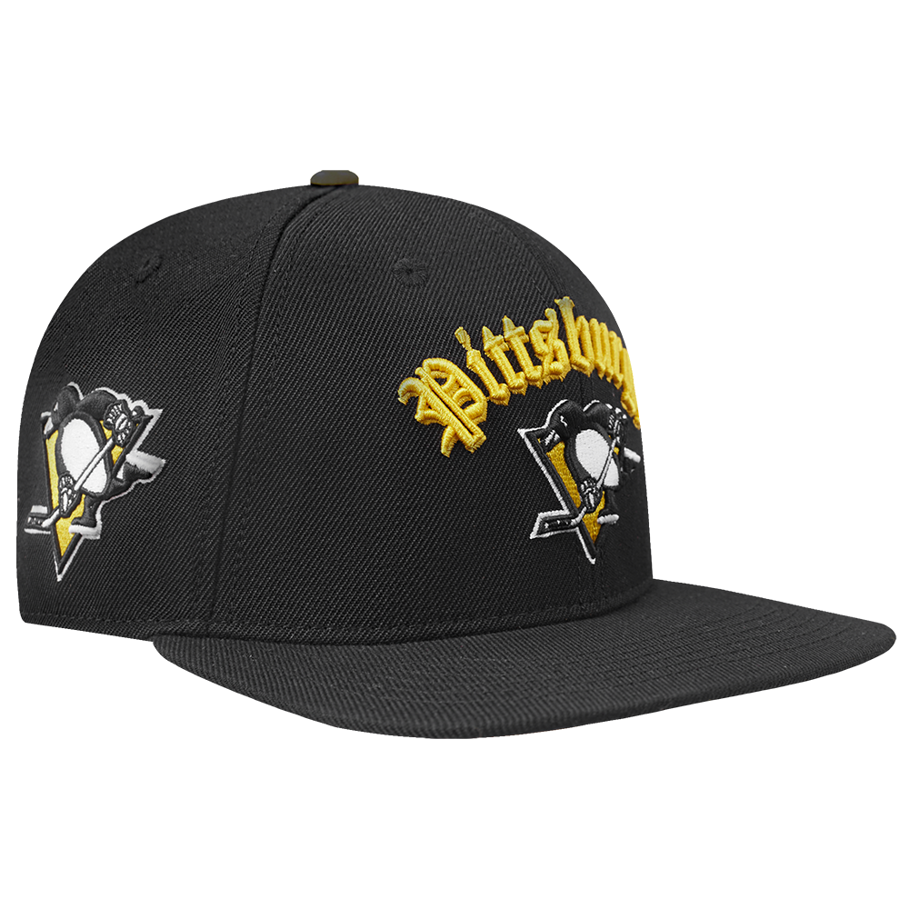 NHL PITTSBURGH PENGUINS OLD ENGLISH UNISEX 6 PANEL SNAPBACK HAT (BLACK)