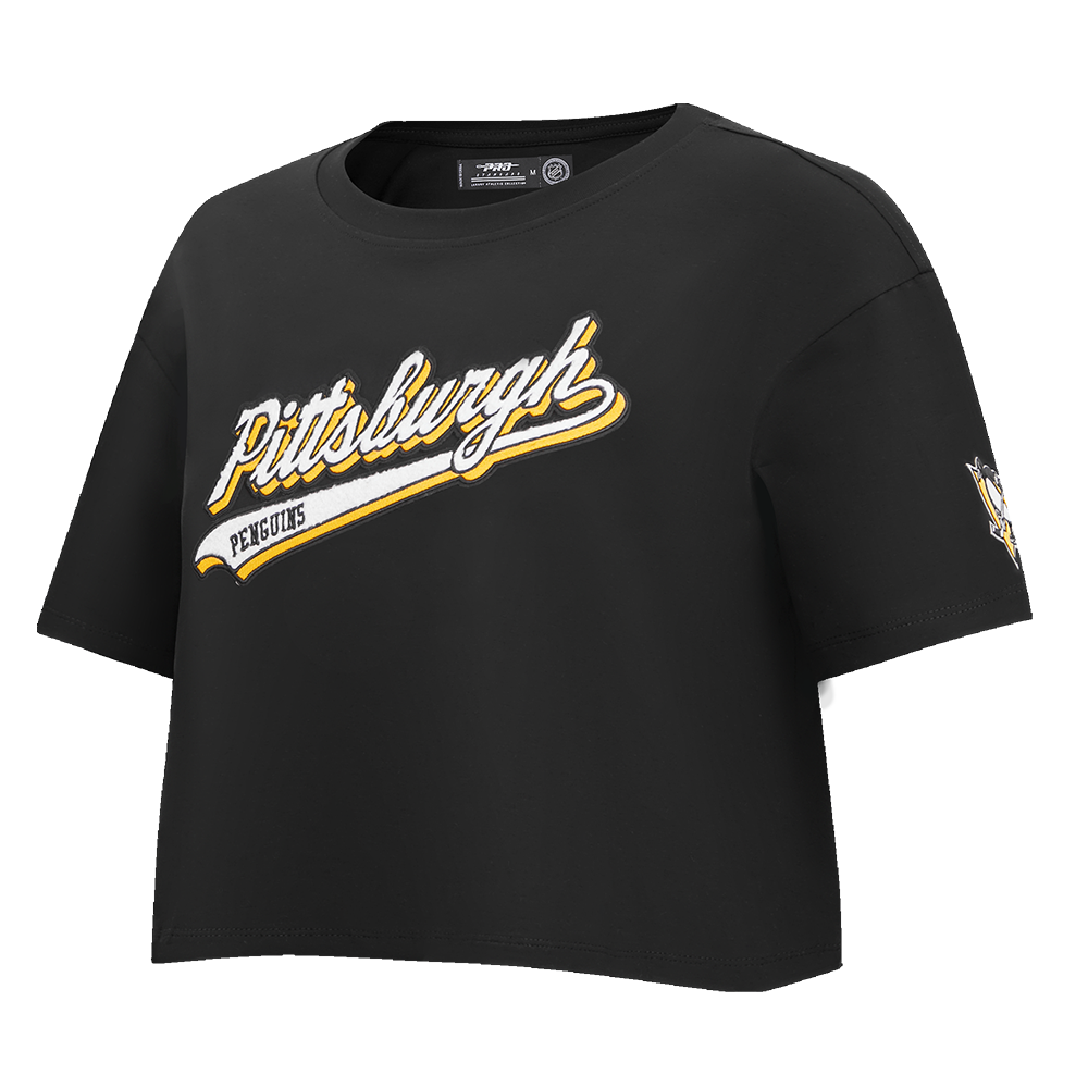 NHL PITTSBURGH PENGUINS SCRIPT TAIL WOMEN'S SINGLE JERSEY BOXY TEE (BLACK)