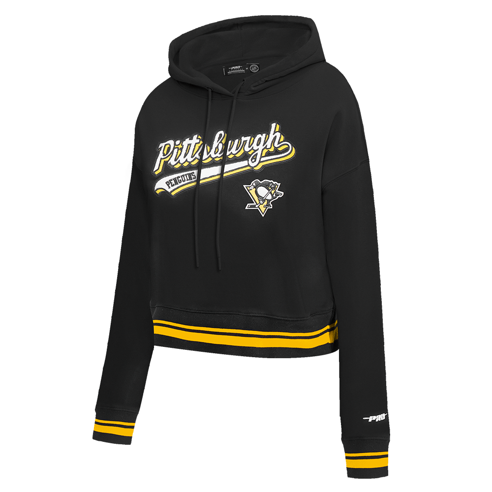 NHL PITTSBURGH PENGUINS SCRIPT TAIL WOMEN'S RIB FLEECE CROPPED PULLOVER HOODIE (BLACK/YELLOW)