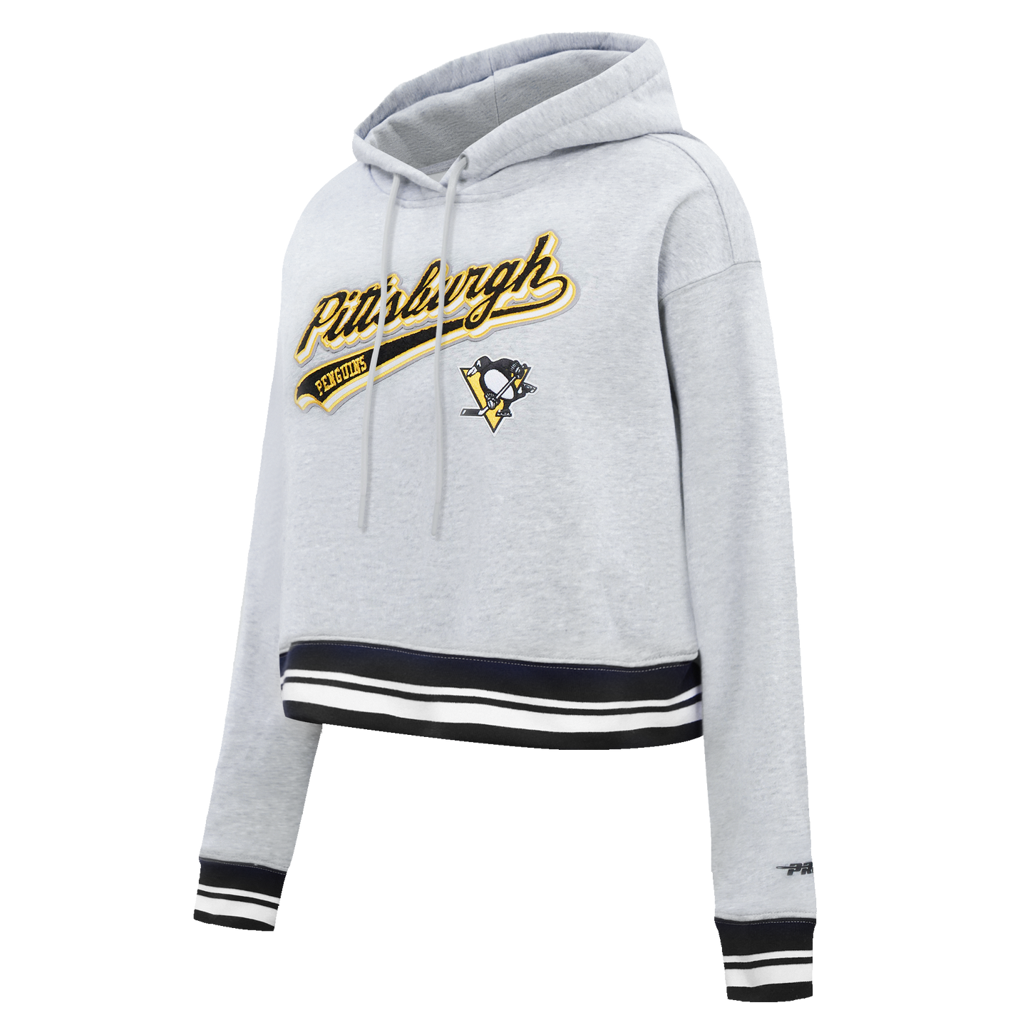 NHL PITTSBURGH PENGUINS SCRIPT TAIL WOMEN'S RIB FLEECE CROPPED PULLOVER HOODIE (HEATHER GRAY/BLACK)