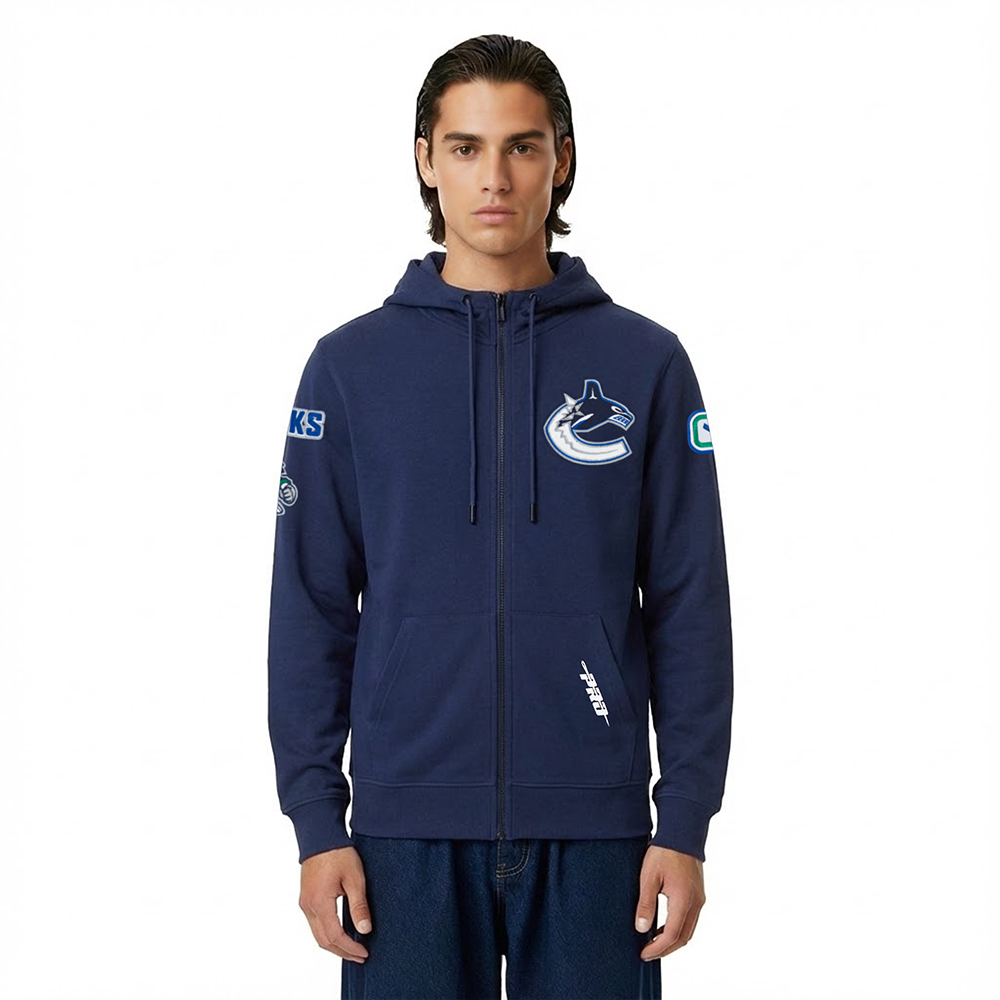 NHL VANCOUVER CANUCKS CLASSIC CHENILLE CHANDAIL À CAPUCHON EN MAILLE DOUBLE À GLISSIÈRE POUR HOMME (MARINE MINUIT)
