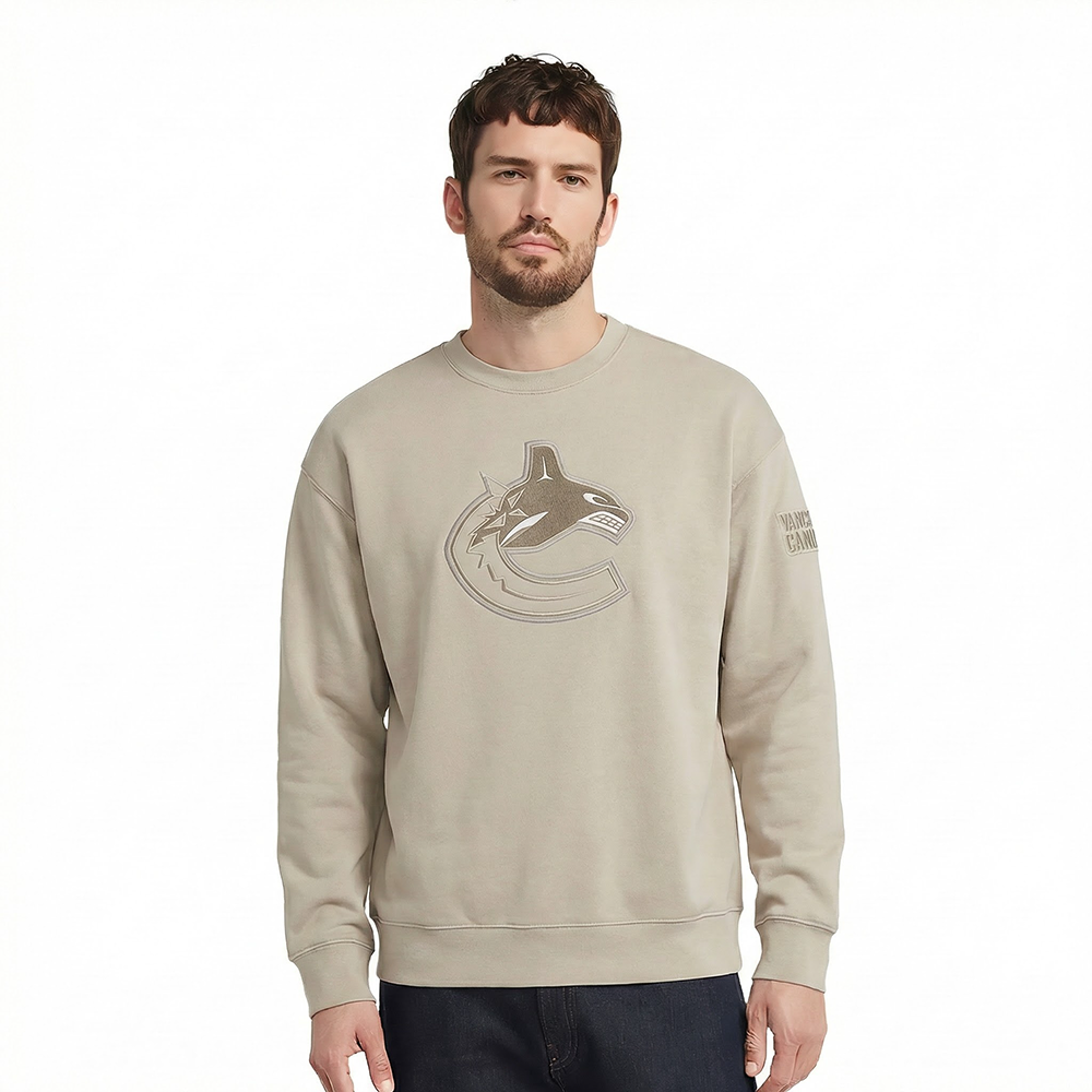 NHL VANCOUVER CANUCKS NEUTRAL CHANDAIL À COL ROND EN MOLLETON À ÉPAULES TOMBANTES POUR HOMME (TAUPE)