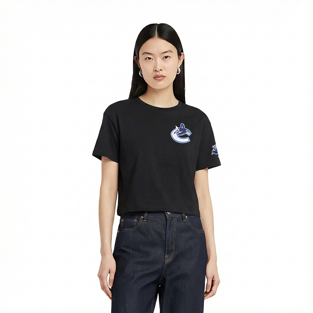 NHL VANCOUVER CANUCKS CLASSIC T-SHIRT EN JERSEY SIMPLE À COUPE CARRÉE POUR FEMME (NOIR)