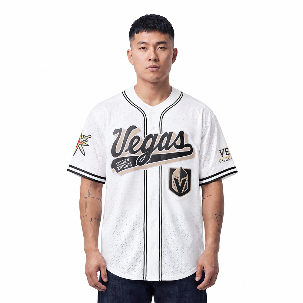 NHL VEGAS GOLDEN KNIGHTS SCRIPT TAIL MEN'S MESH BUTTON DOWN SHIRT (WHITE/BLACK/WHITE)
