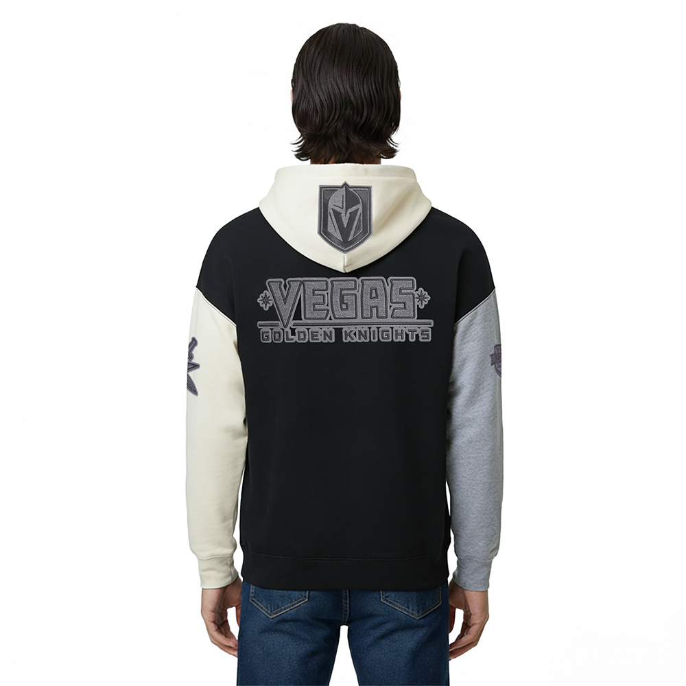 NHL VEGAS GOLDEN KNIGHTS REVERSE FRENCH TERRY CHANDAIL À CAPUCHON EN MOLLETON À BLOCS DE COULEUR POUR HOMME (NOIR/GRIS/COQUILLE D'ŒUF)