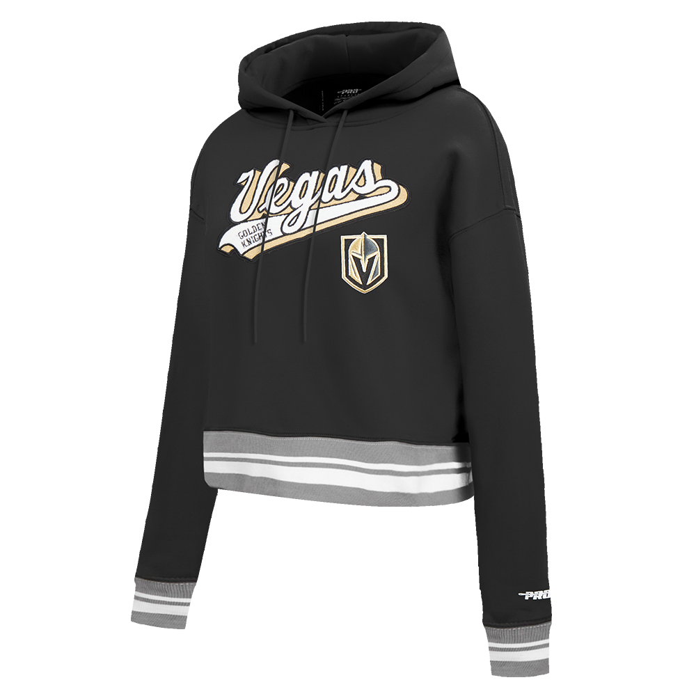 NHL VEGAS GOLDEN KNIGHTS SCRIPT TAIL WOMEN'S RIB FLEECE CROPPED PULLOVER HOODIE (BLACK/GRAY)