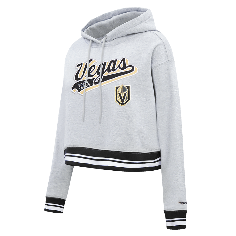 NHL VEGAS GOLDEN KNIGHTS SCRIPT TAIL WOMEN'S RIB FLEECE CROPPED PULLOVER HOODIE (HEATHER GRAY/BLACK)