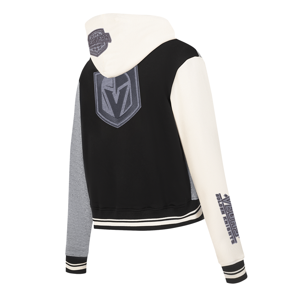 NHL VEGAS GOLDEN KNIGHTS REVERSE FRENCH TERRY CHANDAIL À CAPUCHON À GLISSIÈRE PLEINE LONGUEUR EN MOLLETON À BLOCS DE COULEUR POUR FEMME (NOIR/GRIS/COQUILLE D'ŒUF)