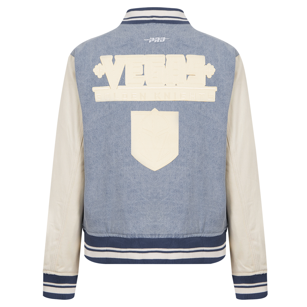 NHL VEGAS GOLDEN KNIGHTS VARSITY BLUES WOMEN'S DENIM VARSITY JACKET (DENIM/LINEN)