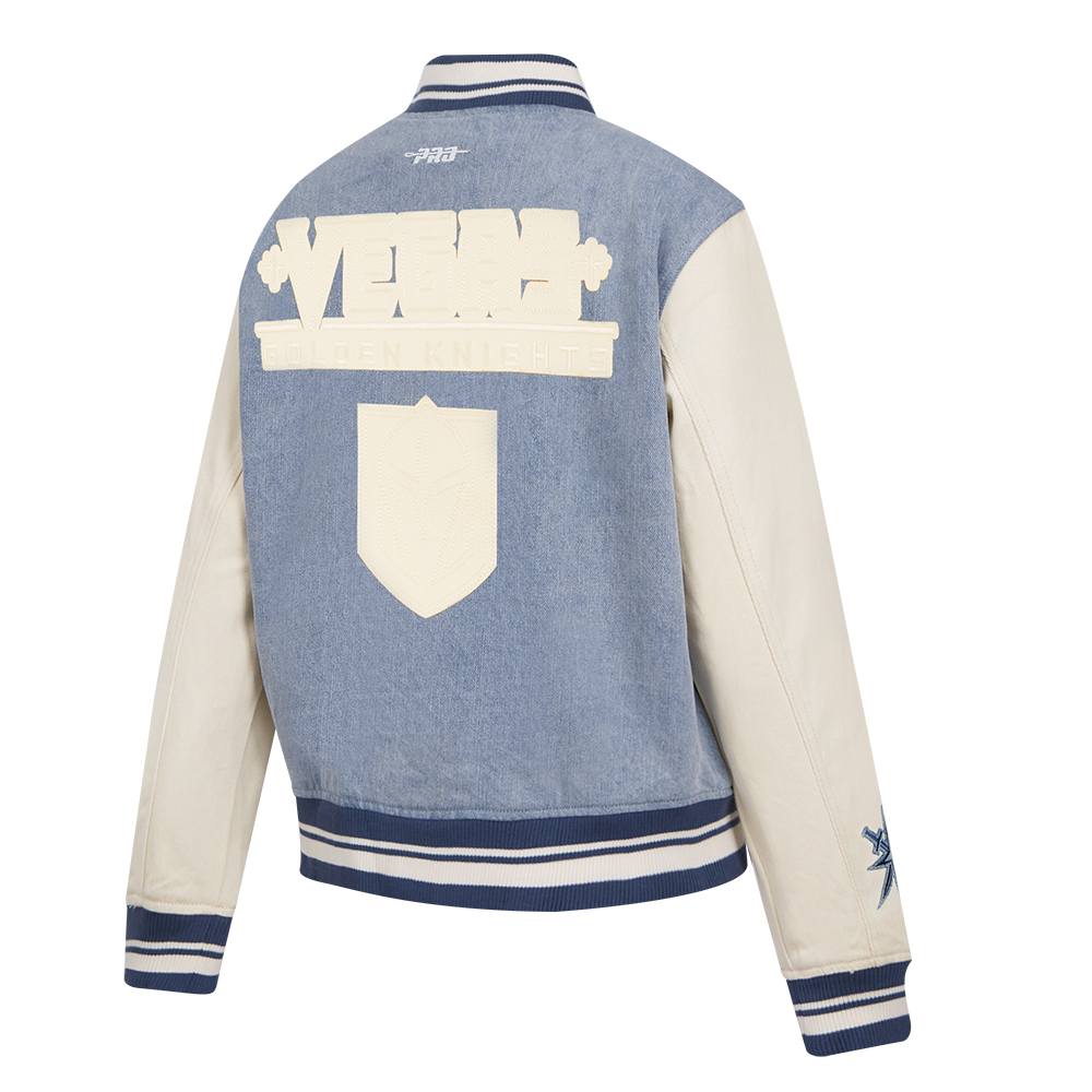 NHL VEGAS GOLDEN KNIGHTS VARSITY BLUES WOMEN'S DENIM VARSITY JACKET (DENIM/LINEN)