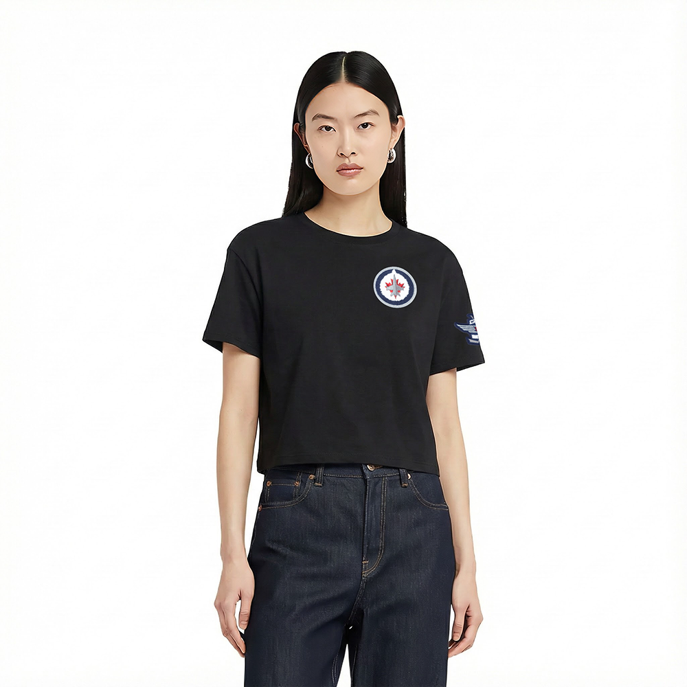 NHL WINNIPEG JETS CLASSIC T-SHIRT EN JERSEY SIMPLE À COUPE CARRÉE POUR FEMME (NOIR)