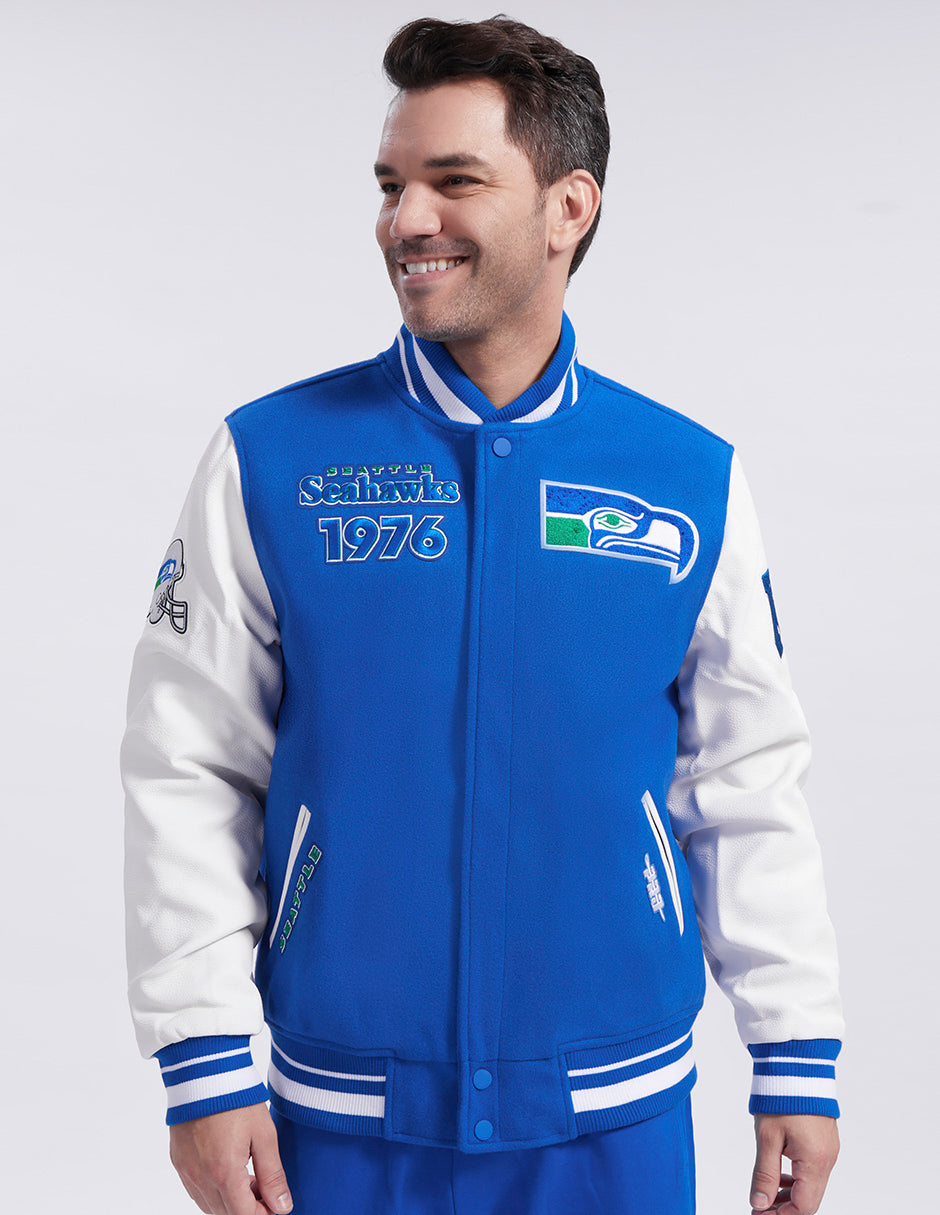 NFL SEATTLE SEAHAWKS RETRO CLASSIC MEN'S RIB WOOL VARSITY JACKET (ROYAL BLUE/WHITE)