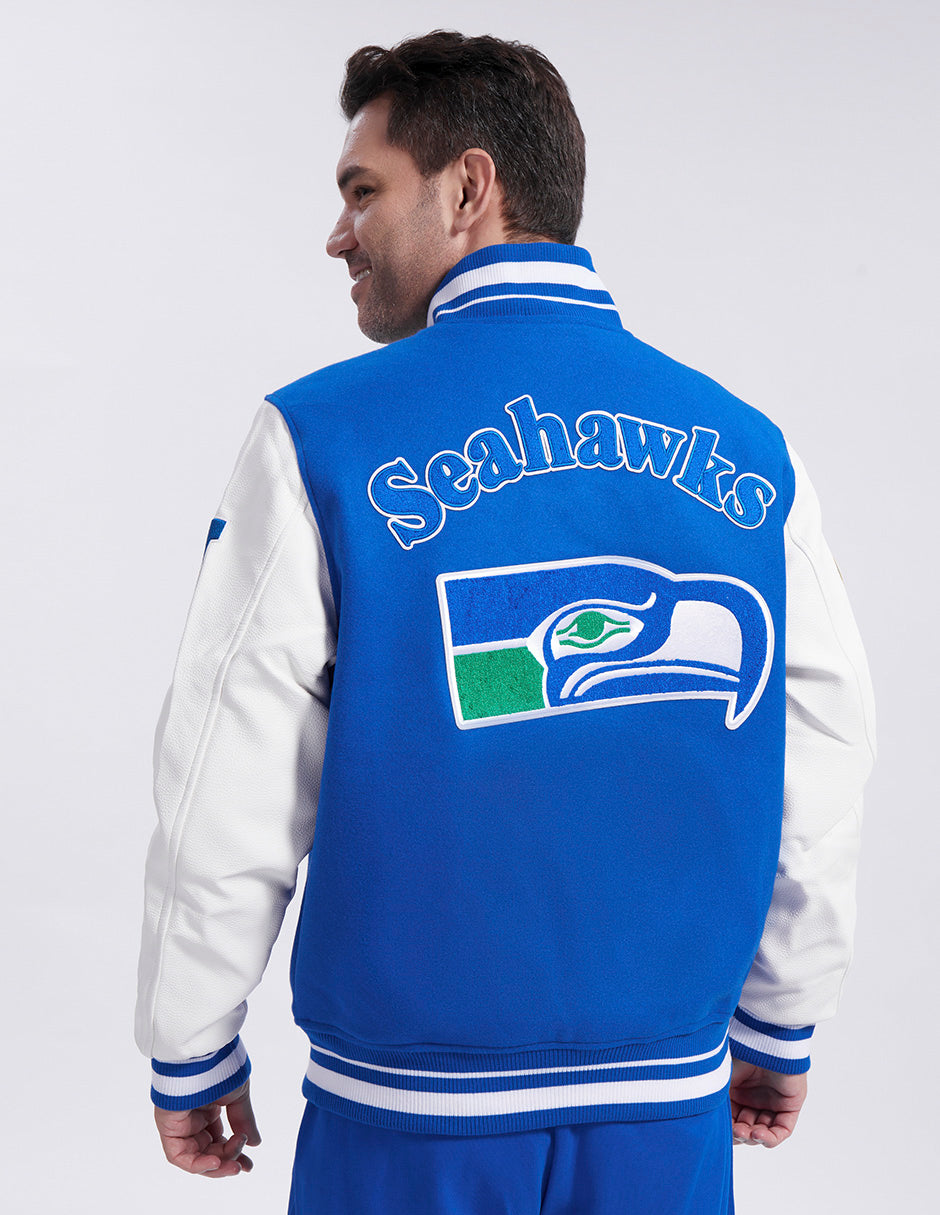 NFL SEATTLE SEAHAWKS RETRO CLASSIC MEN'S RIB WOOL VARSITY JACKET (ROYAL BLUE/WHITE)