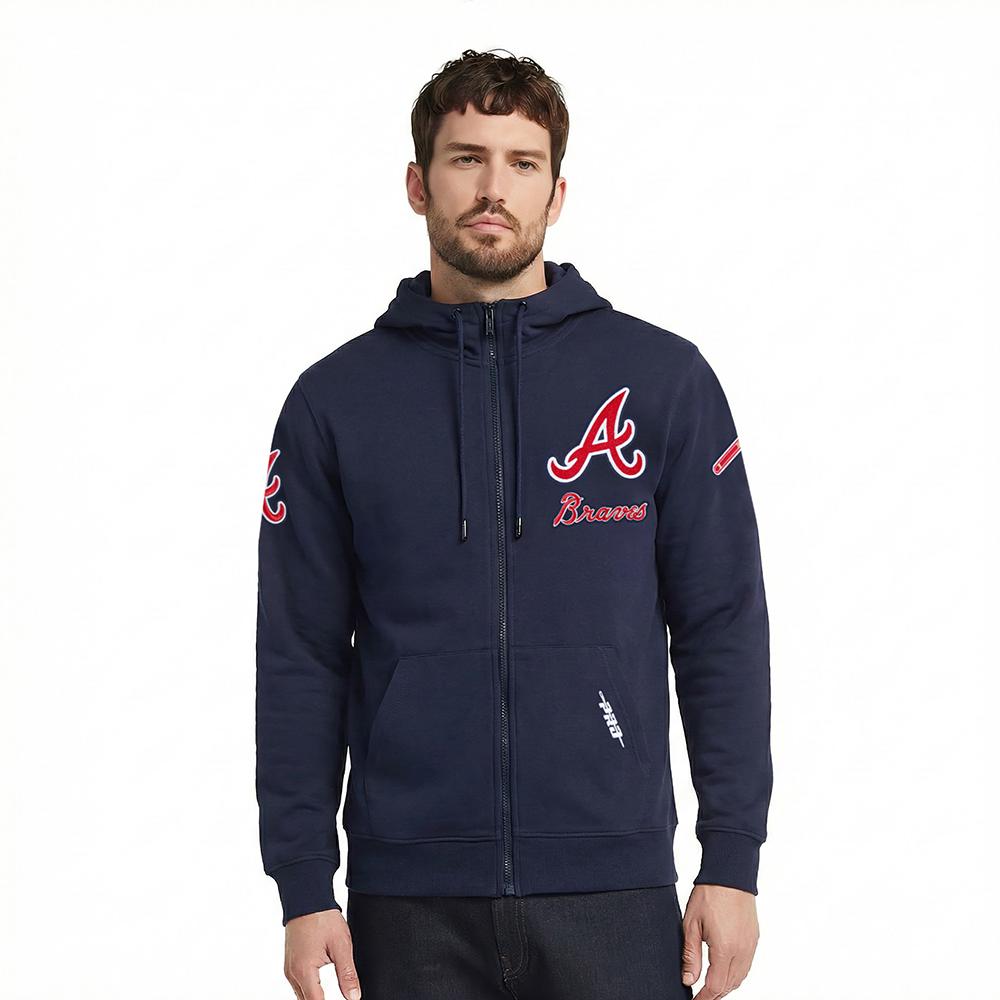 MLB ATLANTA BRAVES CLASSIC CHENILLE CHANDAIL À CAPUCHON EN MAILLE DOUBLE À GLISSIÈRE POUR HOMME (MARINE MINUIT)