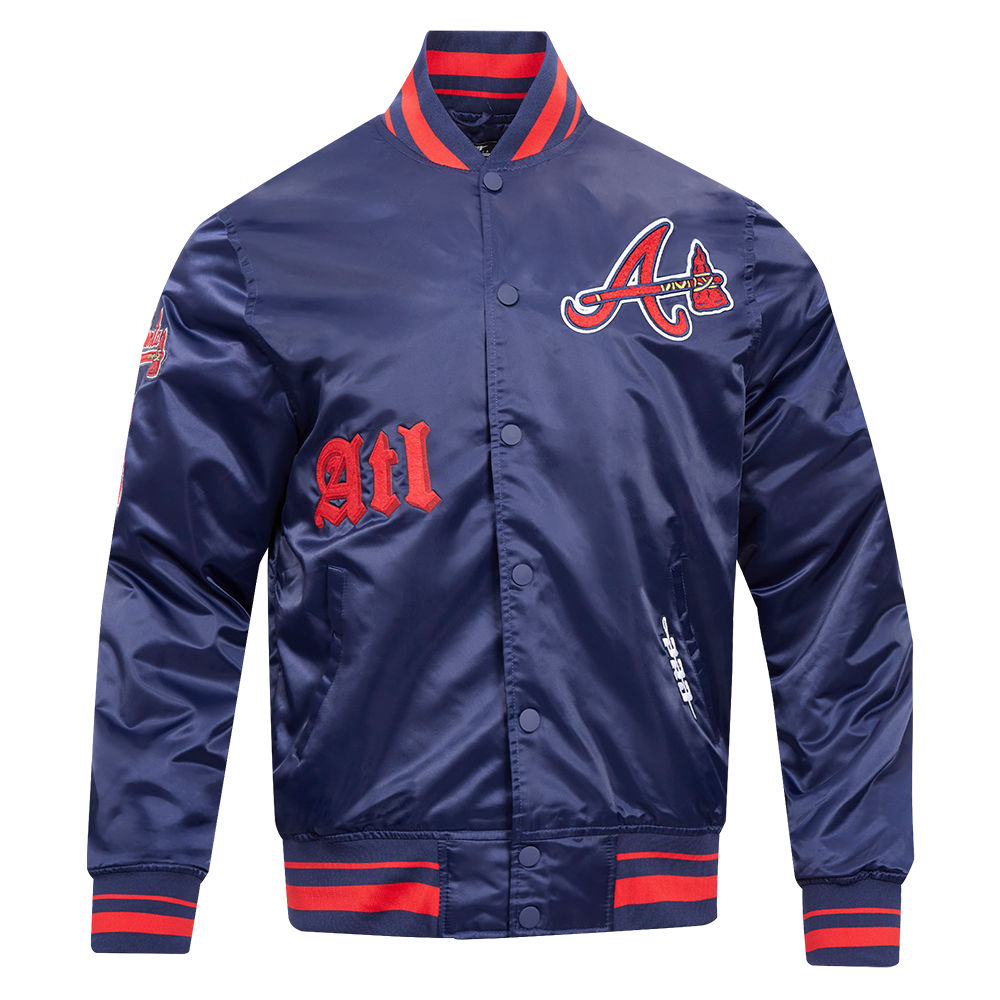 MLB ATLANTA BRAVES OLD ENGLISH MEN'S RIB SATIN JACKET (MIDNIGHT NAVY/RED/MIDNIGHT NAVY)