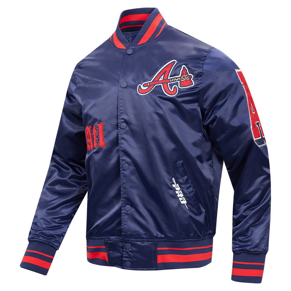 MLB ATLANTA BRAVES OLD ENGLISH MEN'S RIB SATIN JACKET (MIDNIGHT NAVY/RED/MIDNIGHT NAVY)